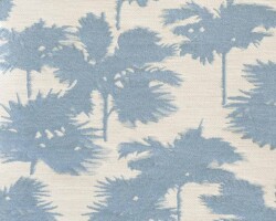 Blue palm leaf patterned fabric design, perfect for home decor. Maison Mermont.