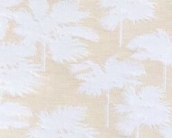 Tropical palm leaf pattern fabric in white on beige background. Maison Mermont.