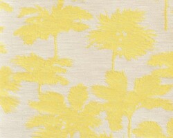 Yellow tropical palm leaf pattern on light beige textile, perfect for curtains or upholstery. Maison Mermont.