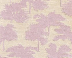 Pink palm tree patterned fabric on a beige background, ideal for home decor. Maison Mermont.