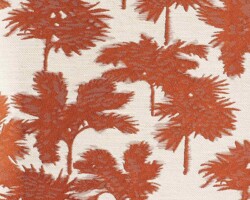 Terracotta palm leaf pattern on a beige woven fabric for home decor. Maison Mermont.
