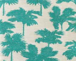 Tropical palm print fabric with teal palms on beige background, ideal for upholstery. Maison Mermont.
