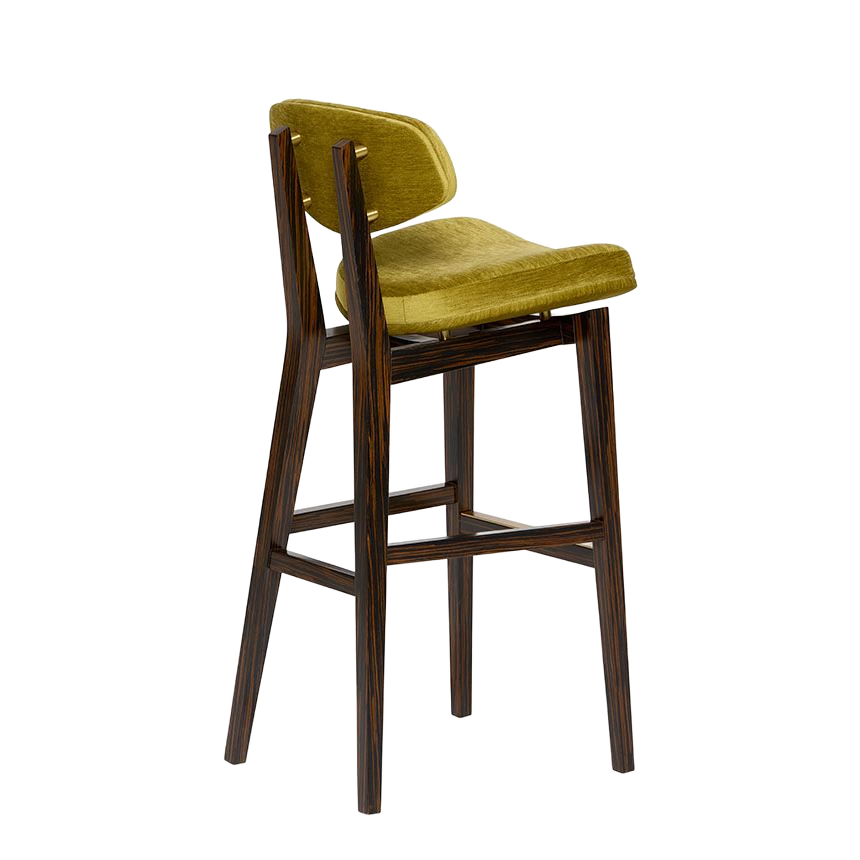 Stylish bar stool with a curved backrest and rich olive green upholstery on a dark wooden frame. Maison Mermont.