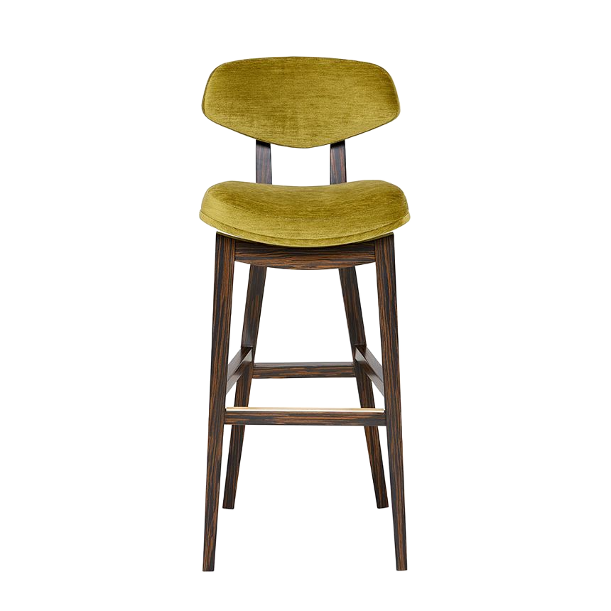 Stylish green velvet bar stool with a sleek wooden frame for modern interiors. Perfect for adding elegance to any space. Maison Mermont.
