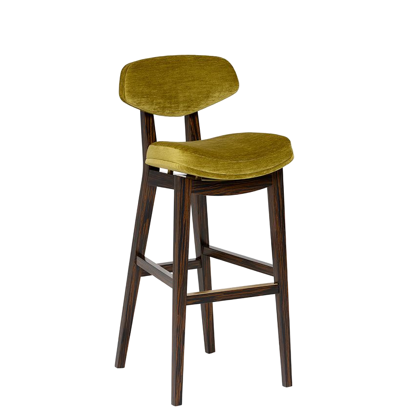 Modern bar stool with a sleek wooden frame and soft green velvet seat, perfect for stylish interiors. Maison Mermont.