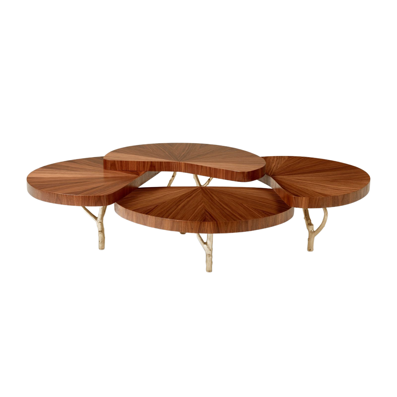Stylish modern coffee table with layered round wood tops and elegant metal legs, ideal for contemporary living spaces. Maison Mermont.