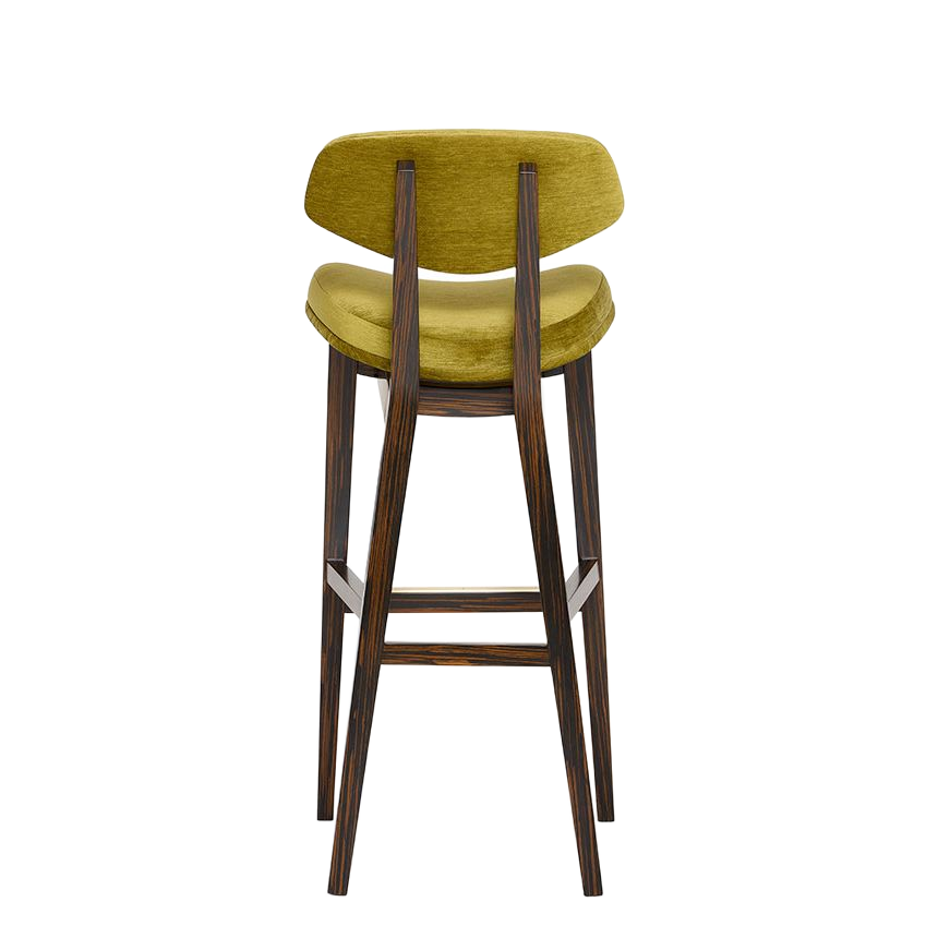 Stylish bar stool with a green velvet seat and dark wooden legs, perfect for modern interiors. Maison Mermont.
