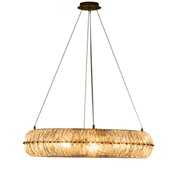 Elegant modern chandelier with glass detailing and warm lighting, ideal for stylish interiors. Maison Mermont.