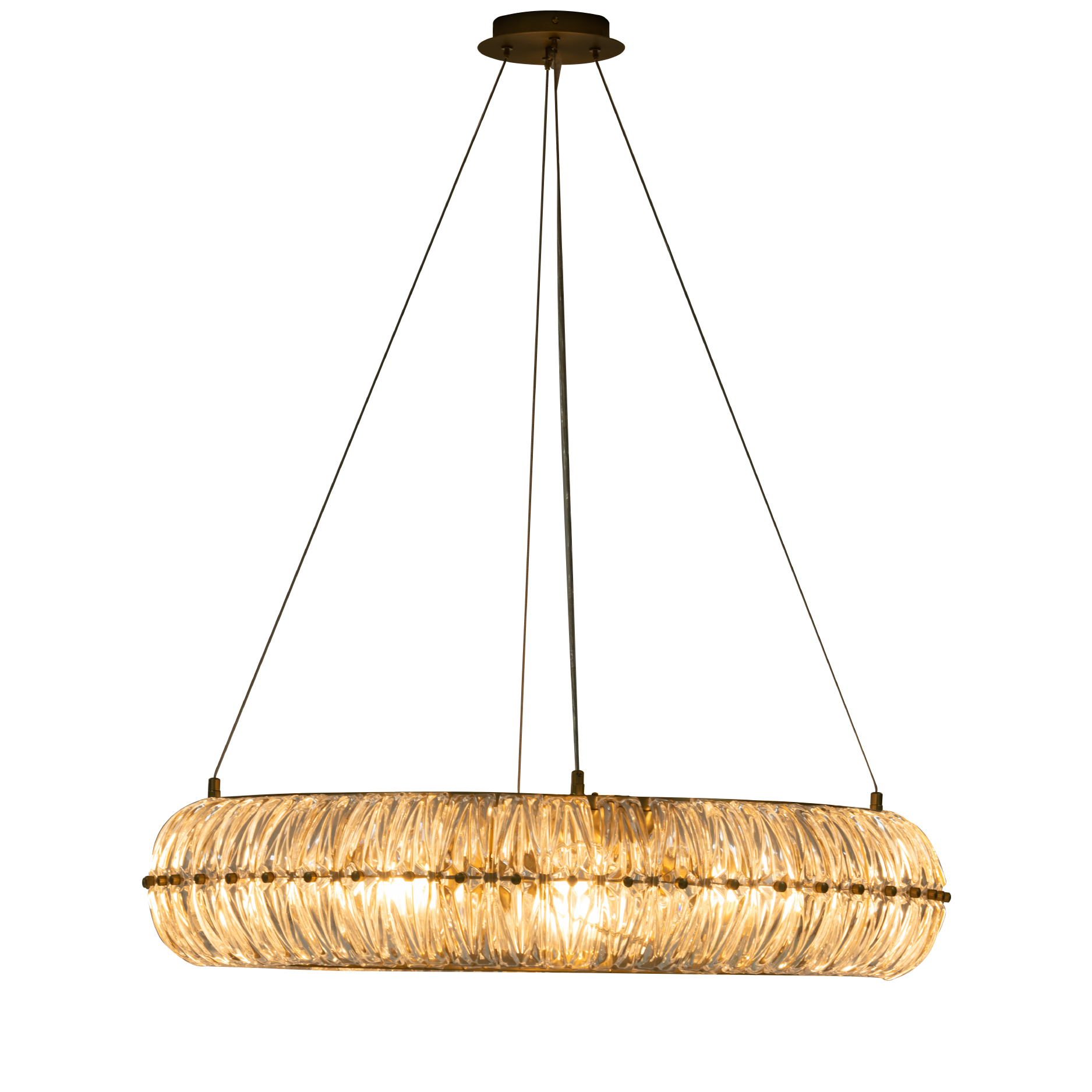 Orenos Chandelier Elegant modern chandelier with glass detailing and warm lighting, ideal for stylish interiors. Maison Mermont.