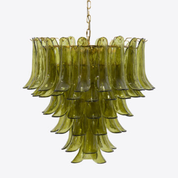 Elegant green glass chandelier with cascading petals and gold accents, perfect for stylish interiors. Maison Mermont.