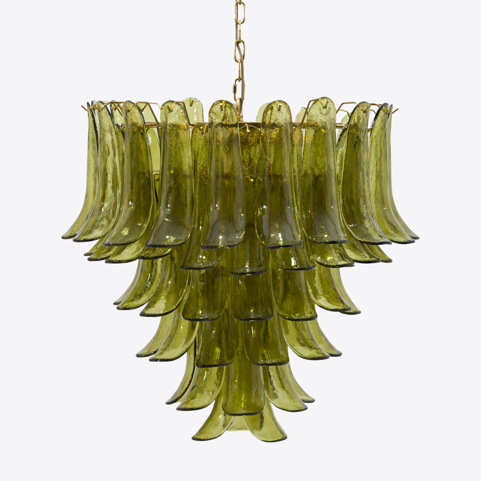Elegant green glass chandelier with cascading petals and gold accents, perfect for stylish interiors. Maison Mermont.