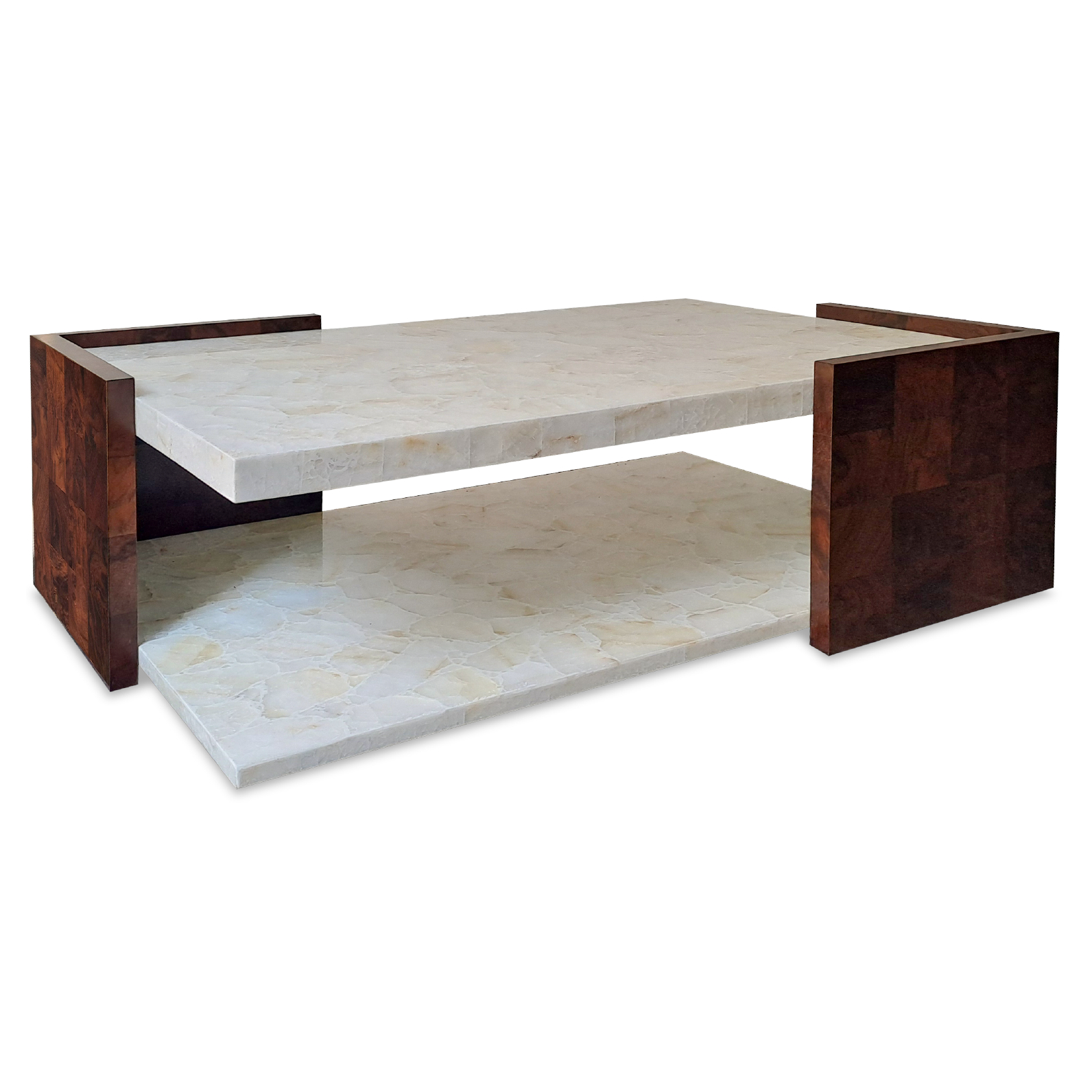Elegant coffee table featuring a marble top and rich wood accents, perfect for modern living spaces. Maison Mermont.