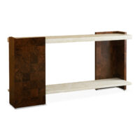 Stylish wooden console table with light and dark finishes, featuring two spacious shelves for storage. Maison Mermont.