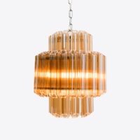 Amber-Small-Celesta-Chandelier Elegant amber glass chandelier with a modern design, creating a warm ambient glow. Maison Mermont.
