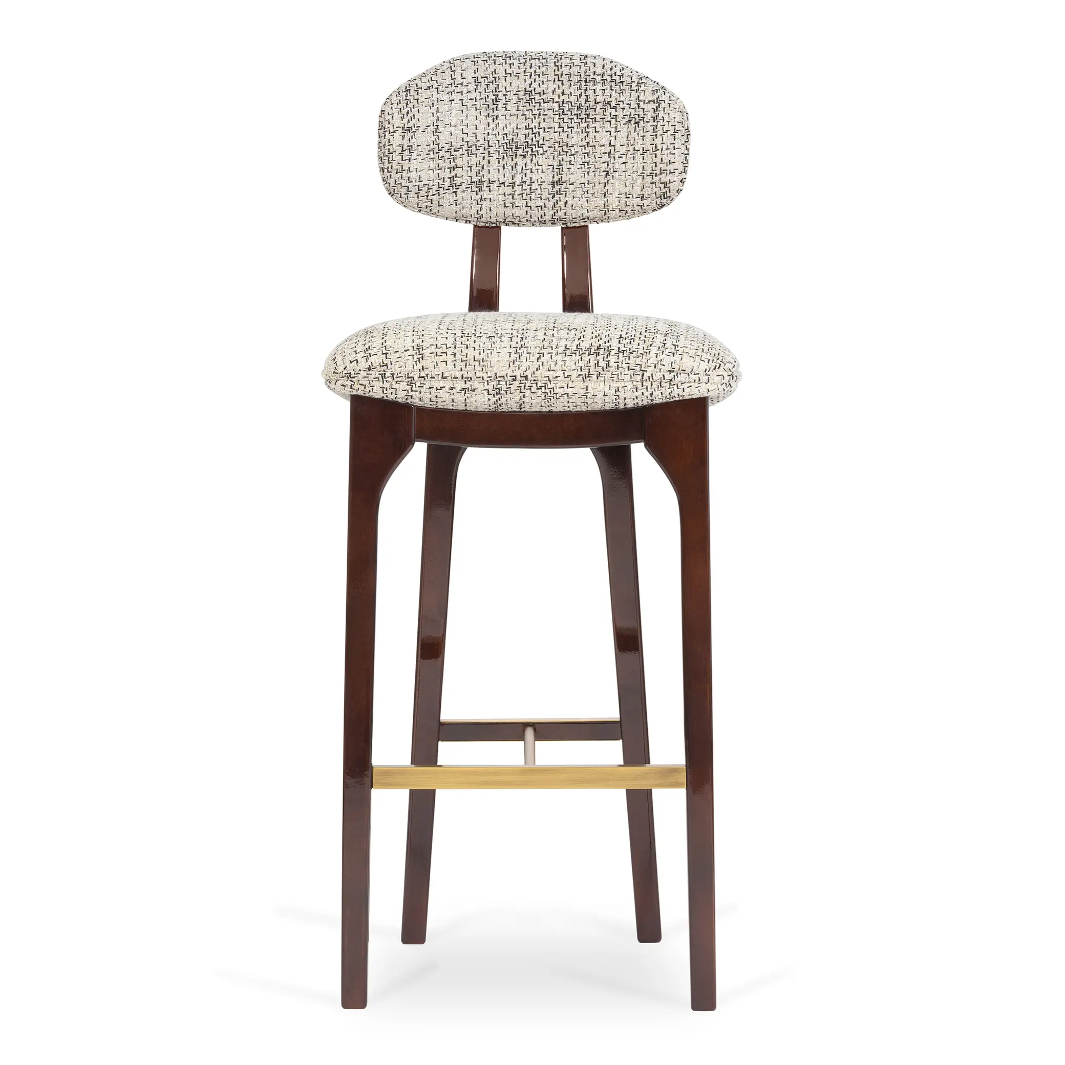 maison-mermont-silhouette-bar-stool-mix-02-translucent-dark-brown-oxidized-brushed-brass-01-insidherland Elegant upholstered bar stool with a curved backrest and wooden legs, perfect for modern interiors. Maison Mermont.