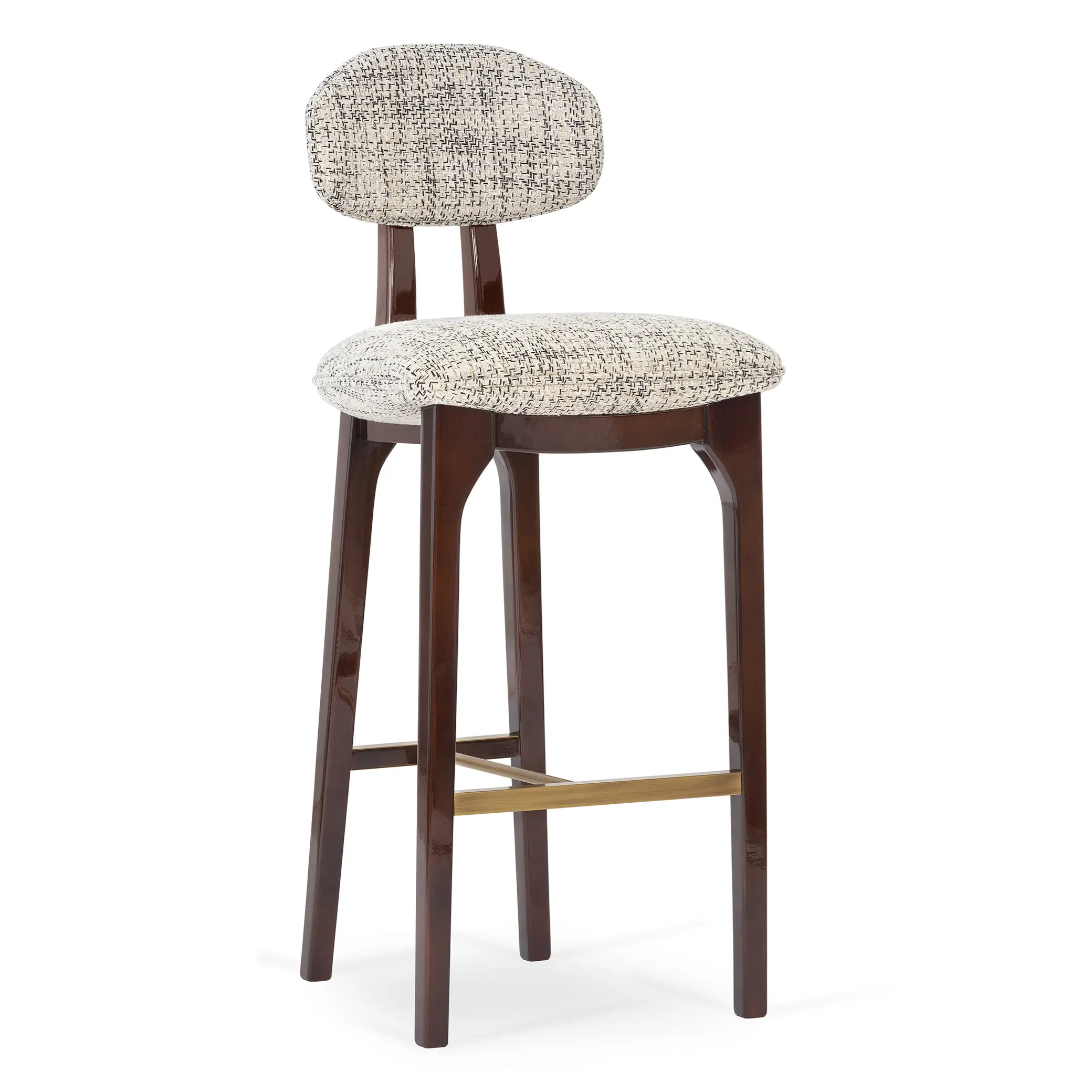maison-mermont-silhouette-bar-stool-mix-02-translucent-dark-brown-oxidized-brushed-brass-02-insidherland Elegant upholstered bar stool with a curved backrest and wooden legs, perfect for modern interiors. Maison Mermont.