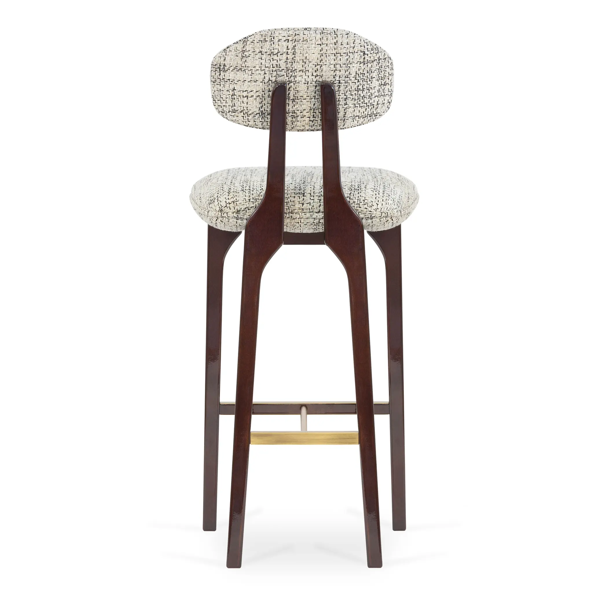 maison-mermont-silhouette-bar-stool-mix-02-translucent-dark-brown-oxidized-brushed-brass-05-insidherland Elegant upholstered bar stool with a curved backrest and wooden legs, perfect for modern interiors. Maison Mermont.