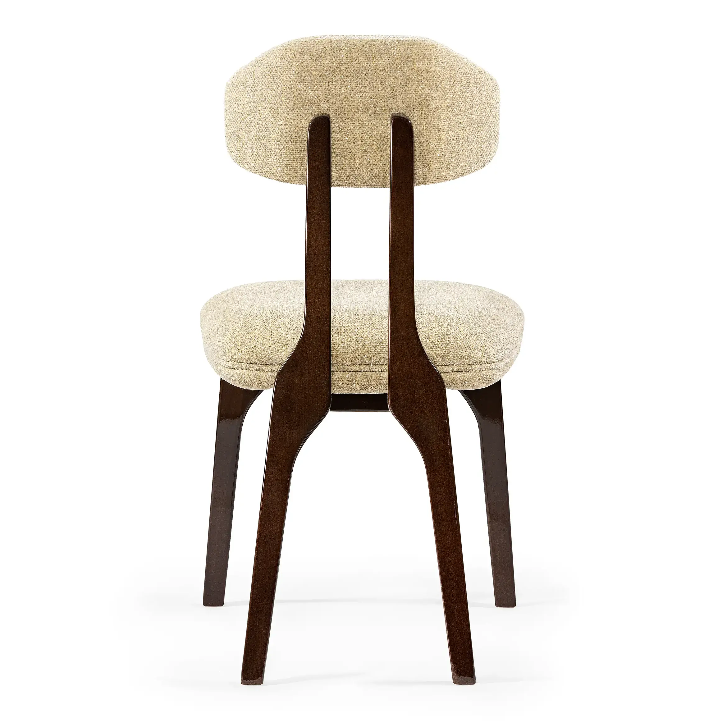 maison-mermont-silhouette-dining-chair-darli-01-translucent-dark-brown-05 Elegant wooden chair with a beige upholstered seat and rounded backrest, perfect for modern interiors. Maison Mermont.