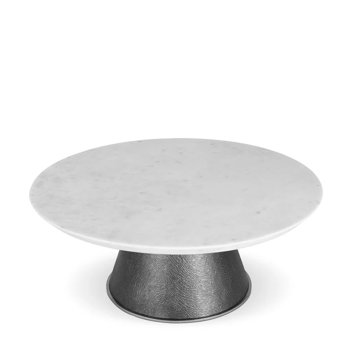 Maison Mermont - Zain Coffee Table Silver Elegant round marble cake stand with a textured black base, perfect for showcasing desserts. Maison Mermont.