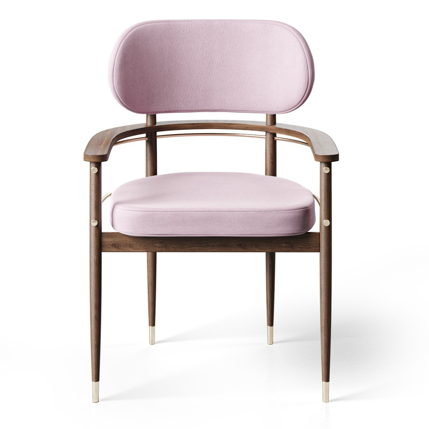 Elegant upholstered chair with wooden frame and gold accents, perfect for modern interiors. Maison Mermont.