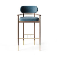 maison_mermont_hopper_bar_chair Elegant blue velvet bar stool with wooden frame and gold accents, perfect for modern interiors. Maison Mermont.