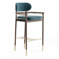 maison_mermont_hopper_bar_chair2 Stylish bar stool with a teal velvet seat, wooden frame, and gold accents, perfect for modern interiors. Maison Mermont.