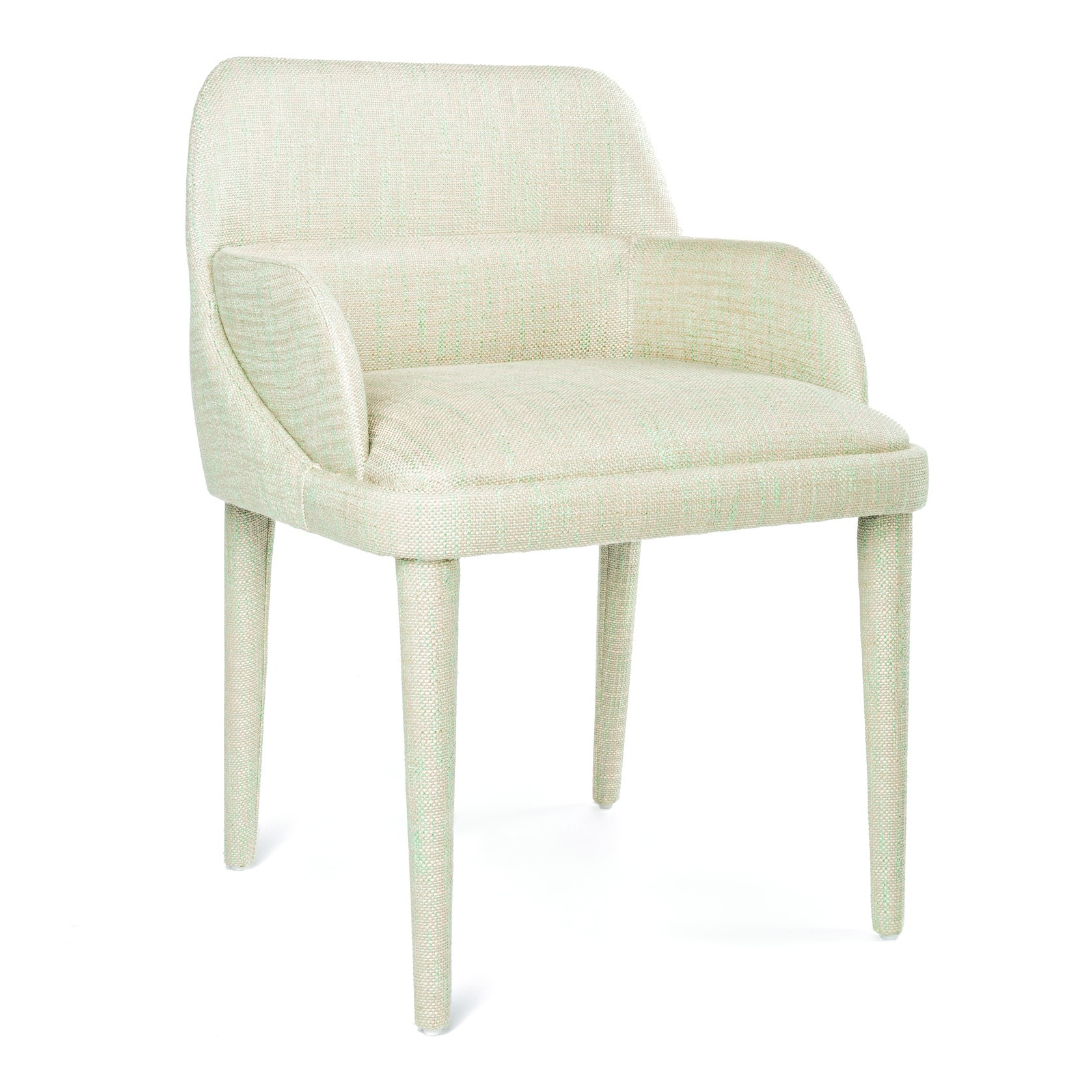 Elegant light green upholstered chair with curved arms and wooden legs, perfect for modern interiors. Maison Mermont.