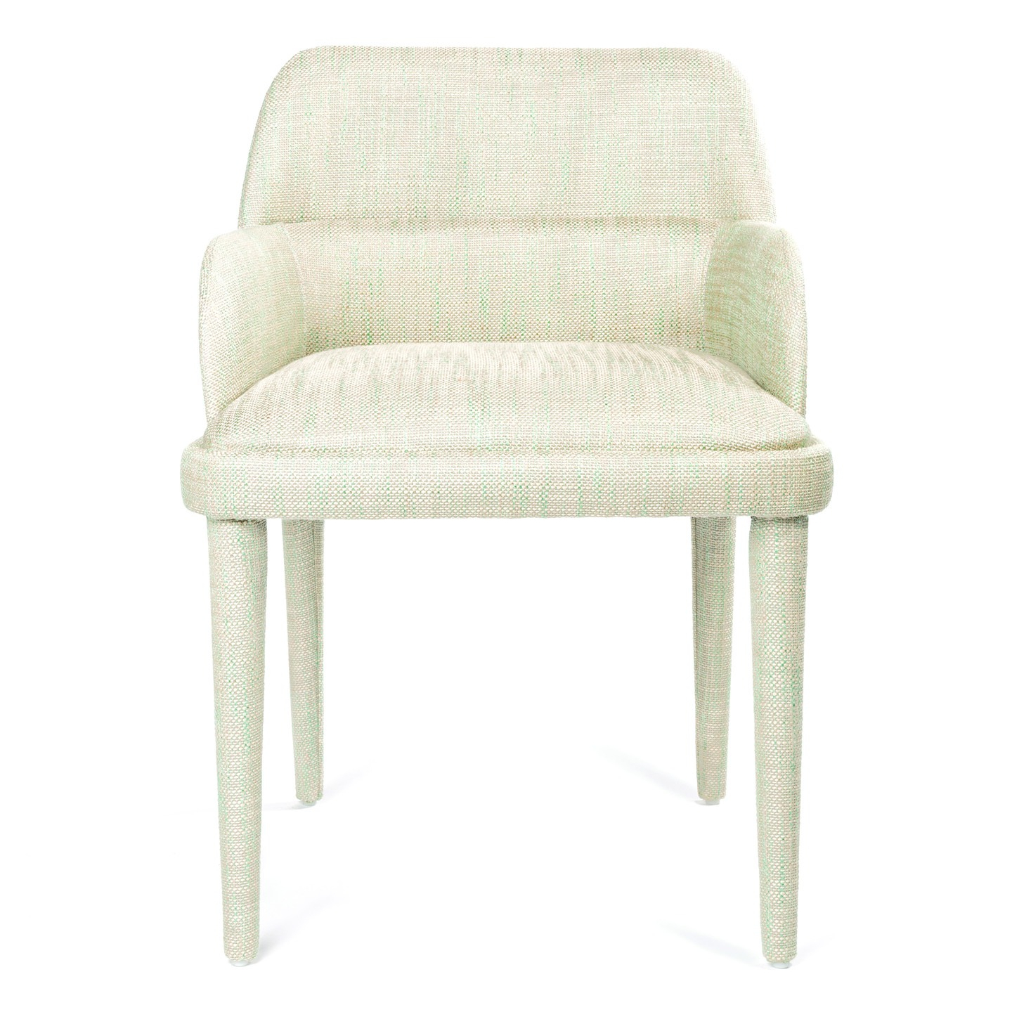 Stylish light green upholstered dining chair with rounded back and sleek legs. Perfect for modern interiors. Maison Mermont.