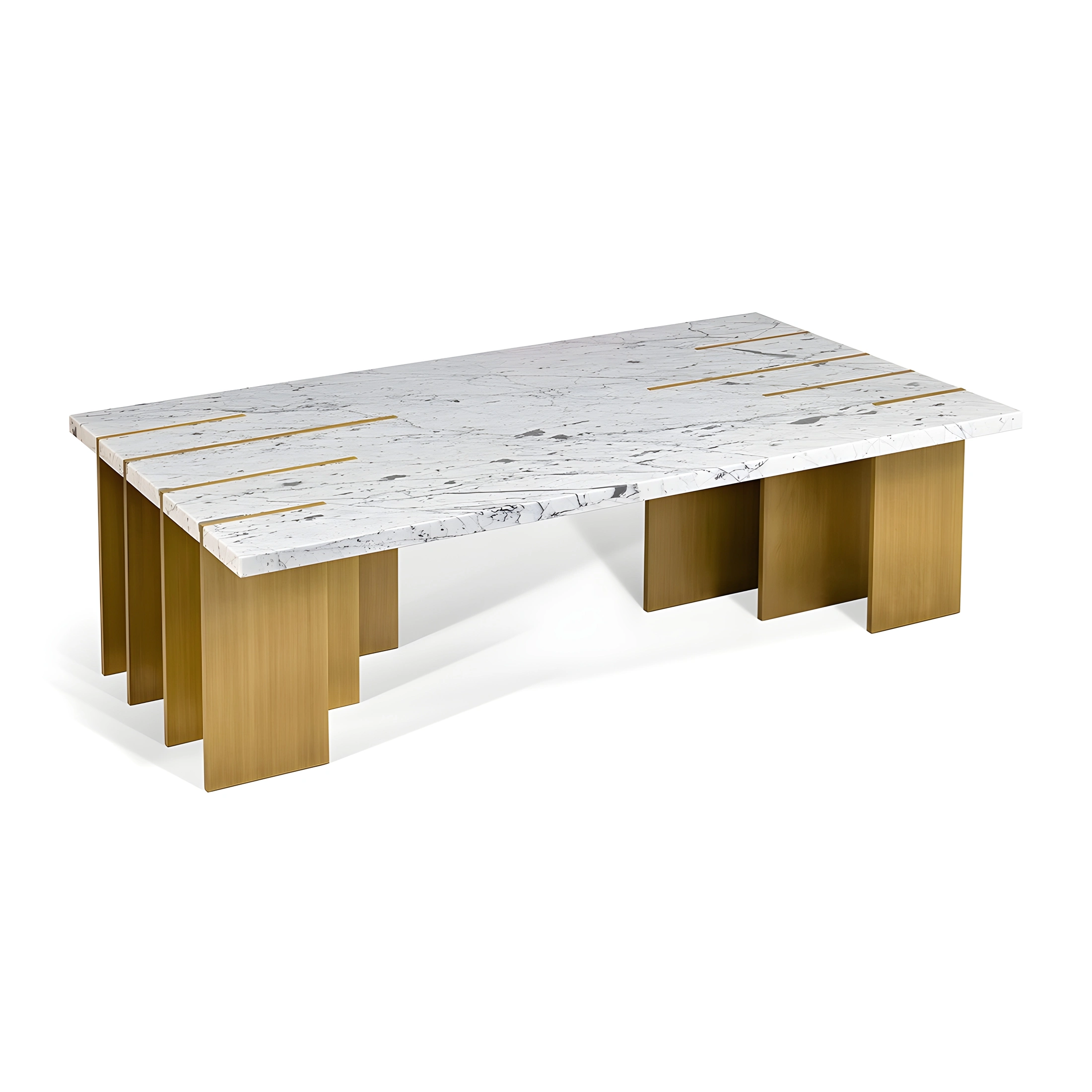 Maison Mermont - Pianist Coffee Table - Carrara Marble - Oxidized Brushed Brass Elegant marble coffee table with gold accents and a modern design, perfect for stylish living spaces. Maison Mermont.