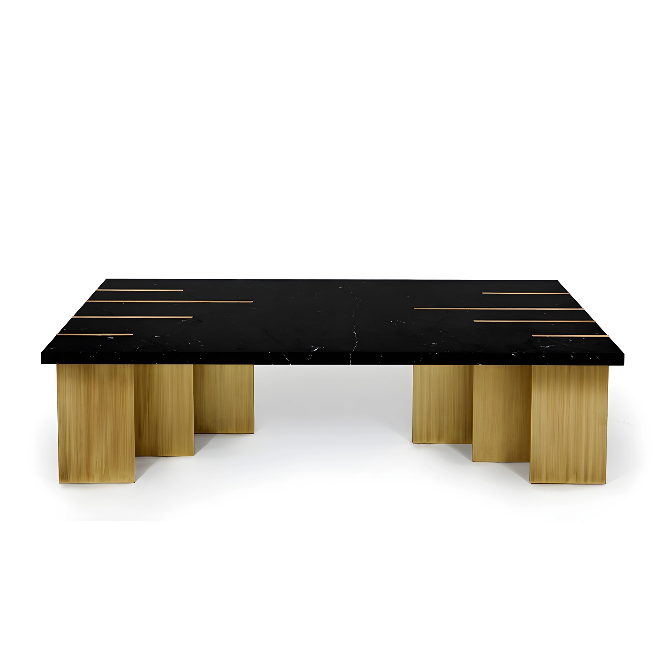 Maison Mermont - Pianist Coffee Table - Nero Marquina Marble - Oxidized Brushed Brass Elegant marble coffee table with gold accents and a modern design, perfect for stylish living spaces. Maison Mermont.
