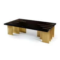 Maison Mermont - Pianist Coffee Table - Nero Marquina Marble - Oxidized Brushed Brass Elegant marble coffee table with gold accents and a modern design, perfect for stylish living spaces. Maison Mermont.