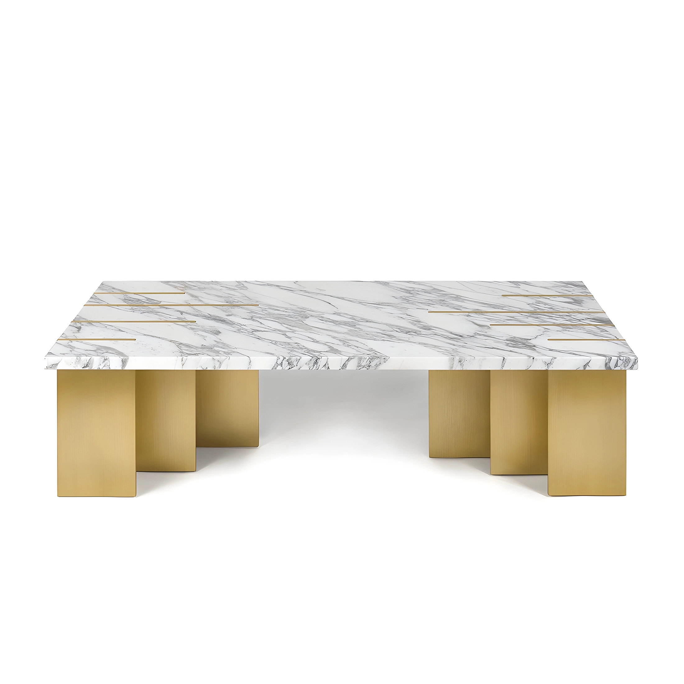 Maison Mermont - Pianist Coffee Table - Calacatta Marble - Brushed Brass Elegant marble coffee table with gold accents and a modern design, perfect for stylish living spaces. Maison Mermont.
