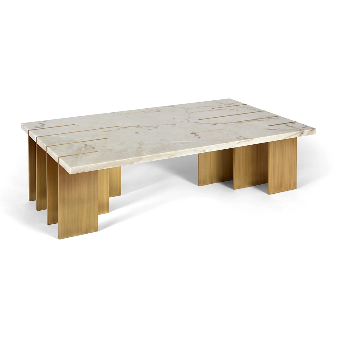 Maison Mermont - Pianist Coffee Table - Estremoz Marble - Oxidized Brushed Brass Elegant marble coffee table with gold metal legs, featuring a modern design and unique surface detailing. Maison Mermont.