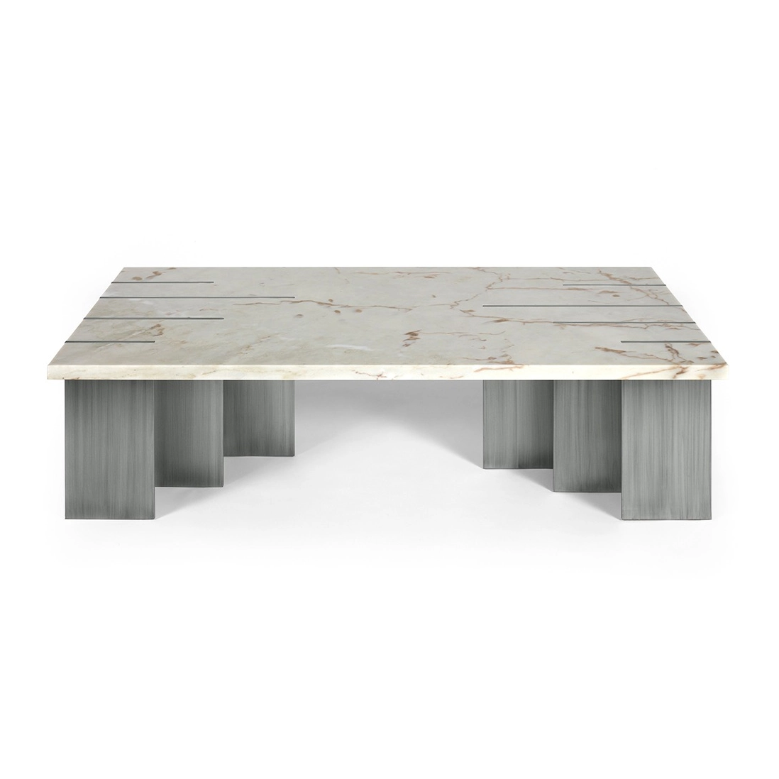 Maison Mermont - Pianist Coffee Table - Estremoz Marble - Brushed Stainless Steel Elegant coffee table with a white marble top and sleek metal legs, perfect for modern interiors. Maison Mermont.